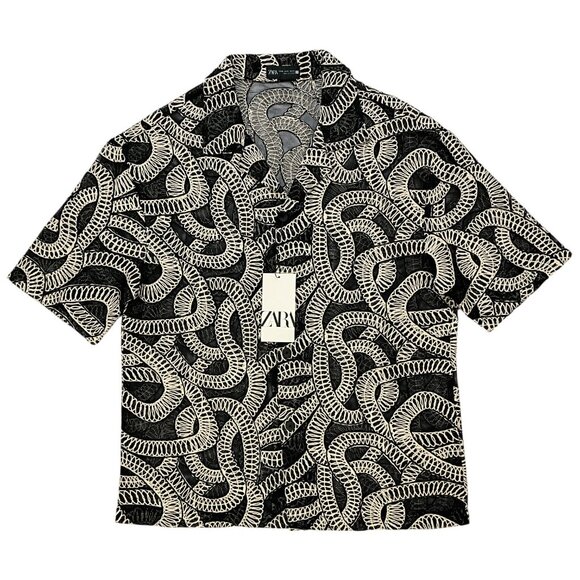 Zara Jacquard Shirt With Contrasting Details Top M Black Embroidery NEW - Picture 11 of 11